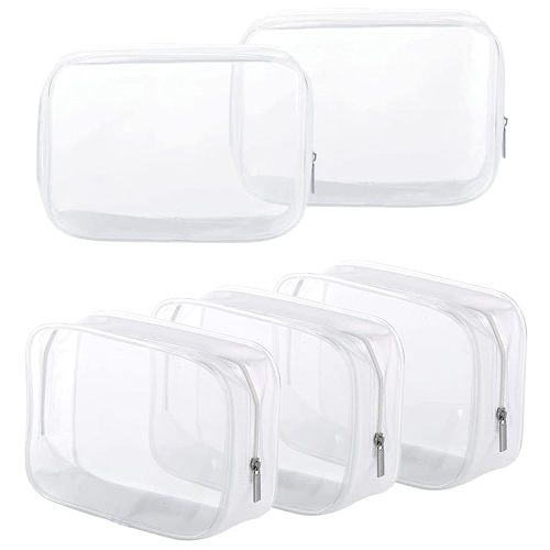 5 Pack Clear Plastic Zippered Toiletry Carry Pouch TSA Approved Toiletry Bag Portable Cosmetic Makeup Bag for Vacation, Bathroom and Organizing (White, Large)