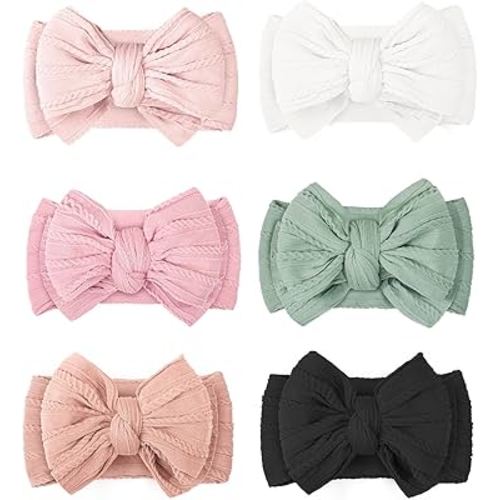 CÉLLOT 6 Pcs Super Stretchy Soft Handmade Headbands with Double Bows Head Wrap Nylon Hair Accessories For Newborn Babies Girls Infants Toddlers
