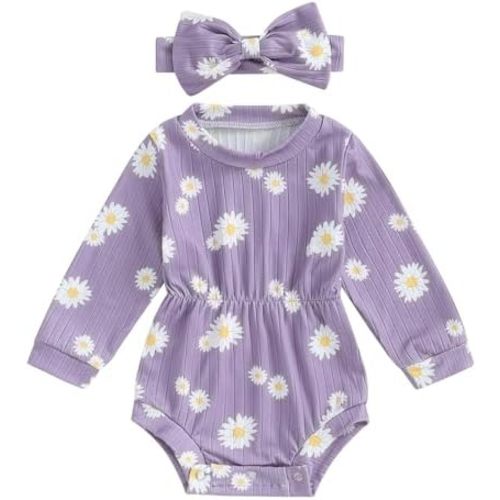 Karwuiio Newborn Baby Girl Fall Outfits Long Sleeve Ribbed Knit Jumpsuit Romper with Headband Infant Clothes Sets
