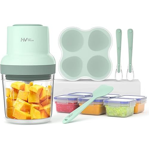 HEYVALUE Baby Food Maker, 13-in-1 Baby Food Puree Blender for Baby Food, Fruit, Vegatable, Meat, with Food Containers, Baby Food Processor Freezer Tray, Silicone Spoons, Silicone Spatula(Light Green)