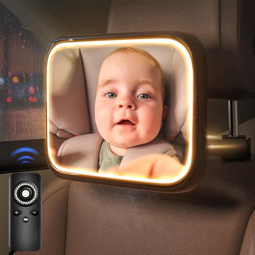 Semxnly Baby Car Mirror with Light - Rechargeable Baby Mirror for Car with Remote Control, Clear Vision, 360° Rotation Rear Facing Car Seat Mirror, Shock and Shatter Resistant