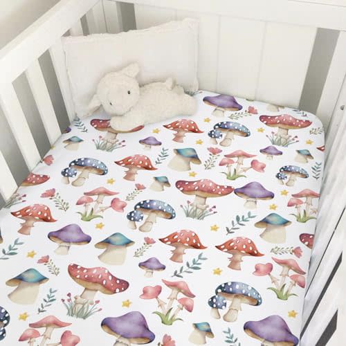 Watercolor Mushroom Forest Baby Crib Sheets 52''x28'' Colorful Mushroom Floral Leaves Snug Fitted Crib Mattress Cover for Boy Girl Woodland Fantasy Soft Baby Nursery Bed Toddler Mattresses Sheets