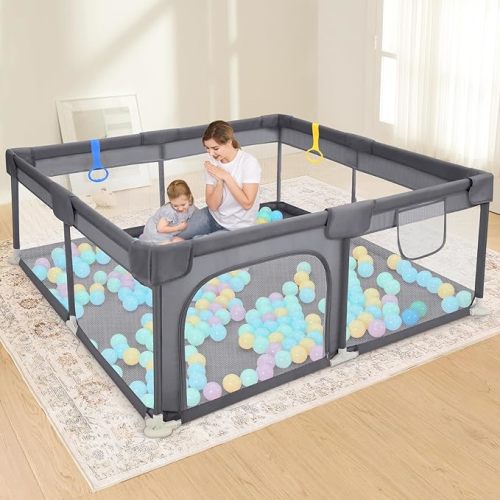 Dripex Baby Playpen, 50"x50" Play Pens for Babies and Toddlers, Safe Anti-fall Play Yard, Visible Baby Play Pen with Gate, Baby Fence Play Area with Pull-up Ring, Washable Baby Play Yards, Anchor Grey - 50"×50"