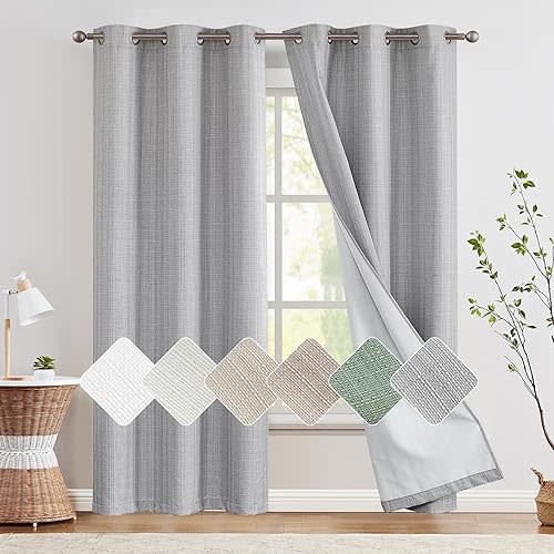 jinchan 100% Blackout Curtains for Bedroom Living Room Linen Blackout Curtains 84 Inch Long Room Darkening Curtains Linen Textured Drapes 2 Panels Window Curtains Grommet Top Heathered Gray