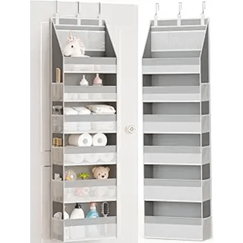 Criusia Over The Door Organizer, Heavy-Duty 6-Shelf Hanging Storage with 13 Mesh Pockets, 55lbs Capacity Behind The Door Storage for Nursery, Bathroom, Bedroom, and Dorm, Grey