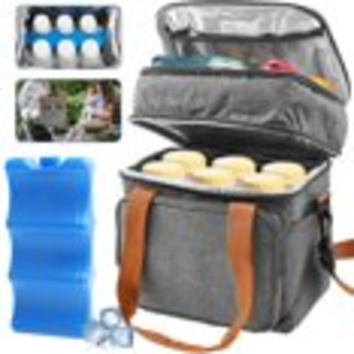 Grusce Breastmilk Cooler Bag with Ice Pack, Waterproof Insulated Baby Bottle Tote with Shoulder Strap, Double Layer Baby Bottle Tote Portable for Outside Picnic