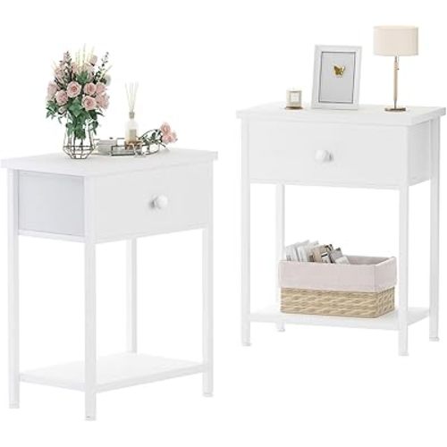 White Nightstands Set of 2, Small Night Stand with Drawer and Shelf Storage End Table for Bedroom, Dorm, Modern