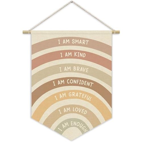 XYDEG Nursery Decor,Positive Affirmation Kids Wall Art Canvas Banner, Rainbow Wall Hanging Pennant Flag Canvas Banner for Playroom Classroom Baby Kids Bedroom 15x11in