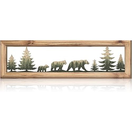 Wesiti Woodland Bear Wall Art 16 in Wood Frame Metal Bear Wall Decor Rustic Wildlife Wall Decor Farmhouse Lodge Cabin Wall Decor Animal Picture Art Decor for Home Bedroom Living Room