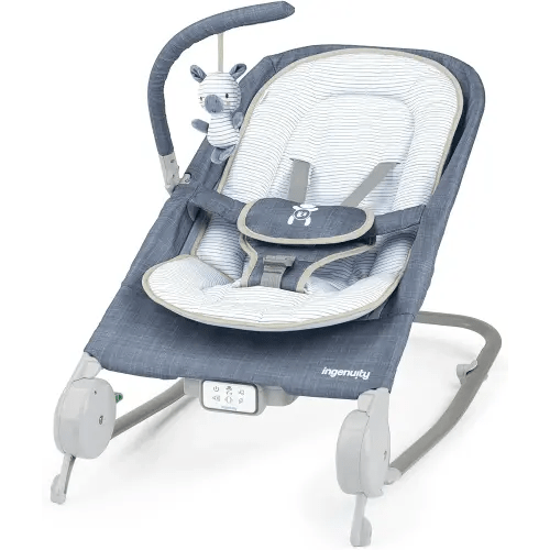 Ingenuity Gas Relief and Anti-Colic Baby Bouncer Seat and Rocker, Gentle Belly Message to Relax and Soothe Bellies, Instant Tummy Soother, 20 Songs and Melodies – Chambray Blue