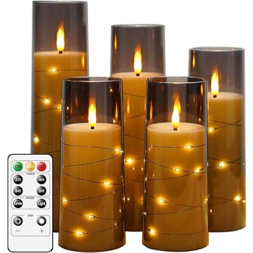 Flameless LED Candles with Timer 5 Pc Flickering Flameless Candles for Romantic Ambiance and Home Decoration Stable Acrylic Shell,with Embedded Star String,Battery Operated Candles(Grey)