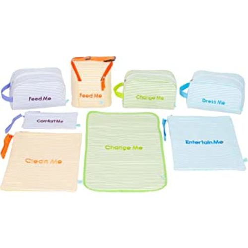 Easy Baby - Diaper, Bottle, and Supplies - Organizer Pouches and Changing Pad - Change, Feed, Dress, and Clean Me (8 Pack Seersucker) | Organizing Packing Tote Cubes for Baby Items