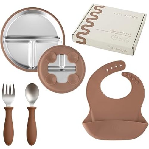 Stainless Steel Toddler Feeding Set 4 Pieces – Suction Plate, Silicone Bib, Spoon & Fork – BPA-Free Weaning Kit for 18-36 Months (Mocha Mousse)