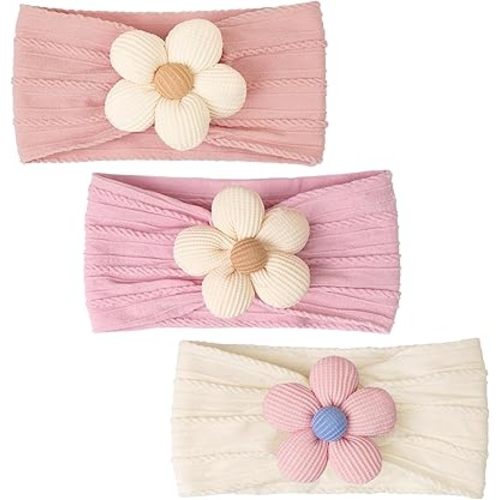 CÉLLOT 3 Pcs Baby Girl Headbands with Flower Nylon Headbands Soft Stretchy Headwear Hair Accessories for Newborn Infant Toddler Kids (Pink Beige Salmon)
