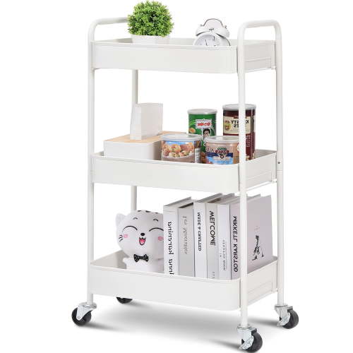 "Free Shipping! KINGRACK 3-Tier Metal Rolling Utility Cart, Movable Storage Organizer, White, 31.1"" H"