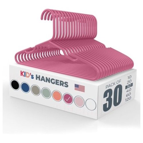 Made in USA Baby Hangers, Kids Hangers for Children's Clothes, Toddler Outfits and Clothing, 20 50 100 Pack Available, Kid Plastic Hanger for Closet and Nursery, Child Kid Hangars (30pk Pink)
