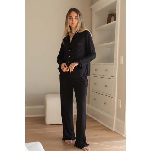 Ruffle Bamboo Pajama Pant Set in Noir