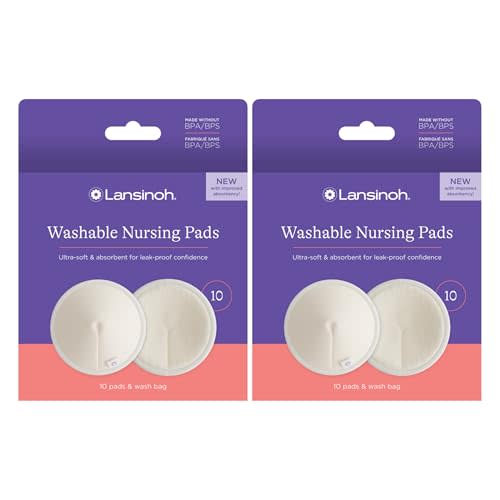 Lansinoh Washable Nursing Pads, Made with Organic Bamboo Viscose, Reusable Breast Pads for Breastfeeding with Wash Bag, Breastfeeding Essentials, 10 Count (Pack of 2)