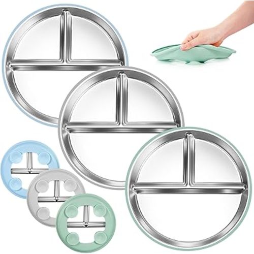 Bella's Friends Stainless Steel Kids Plates Suction Plate for Baby,3 Packs Non-Toxic Divided Toddler Plates,Food-Grade Silicone Plate for Baby,Dishwasher Safe,Blue Green Grey