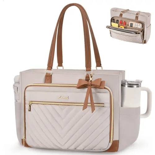 LOVEVOOK 17 Inch Laptop Teacher Tote Bag for Women, Work Nurse Bag with Large Cup Holder, Quilted Diaper Bag for Travel, Computer Women's handbags for Teacher gift, Apricot-brown