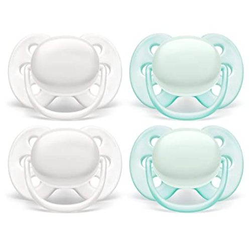Philips AVENT Ultra Soft Pacifier, 0-6 Months, Arctic White/Green, 4 Pack, SCF214/40 - 0-6m
