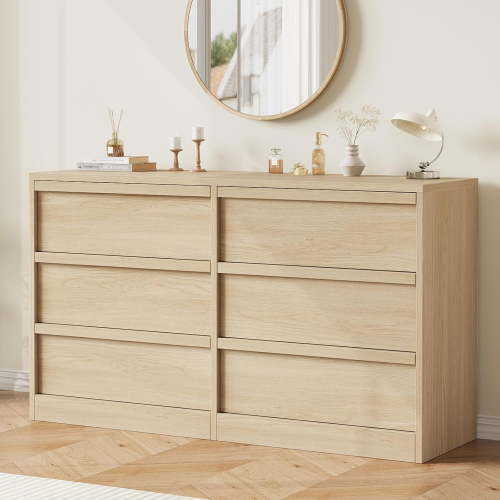 6 Drawer Dresser for Bedroom, 47in Wide Natural Oak 6 Chest of Drawers with Large Storage, Wooden Dresser Organizer for Living Room, Entryway, Nursery