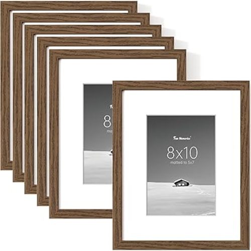 Fun Memories 8x10 Picture Frame Set of 6, Display Pictures 5x7 with Mat or 8x10 Without Mat, 8 x 10 Frame for Photos, Posters & Art Prints, Gallery Photo Frames for Wall & Tabletop Display, Walnut
