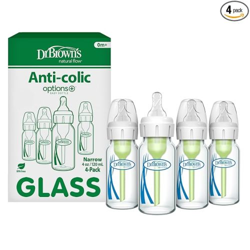 Dr. Brown's Anti-Colic Options+ Narrow Glass Baby Bottle with Level 1 Slow Flow Nipple, BPA-Free, 4 oz/120mL, 4-Pack