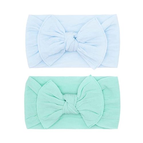 Baby Bling Bows - Newborn to Little Baby Girl Bows, 2 Pack Nylon Super Soft Stretchy Knot Toddler Headbands, Perfect Hair Accessories Head Bands for Infant Kids(Sky & Seafoam)