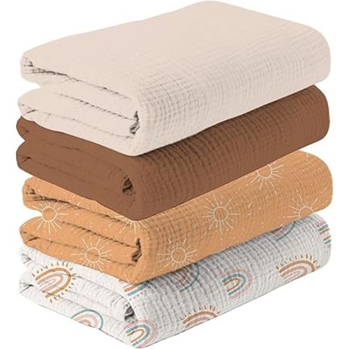 Happy Flute 4Set Muslin Swaddle Blankets–Ultra Soft Baby Blanket for Newborns,Receiving Blankets for Baby Girls & Boys–Baby Essentials 0-3 Years,40x40inches (Sun)