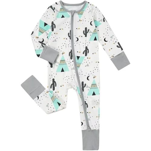 Teach Leanbh Unisex Baby Footless Pajamas with Mittens and Feet Cuffs Cotton 2 Way Zipper Long Sleeve Romper Sleep and Play