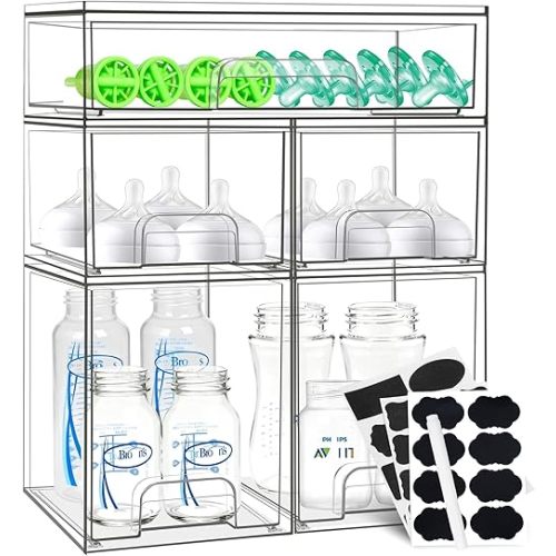 Baby Bottle Organizer, 5 Pack Stackable Storage Drawers with Labels, Clear Station Organizers Container for Pacifiers, Pump Parts, Desk Organizer Bins for Bathroom, Cabinet, Pantry, Vanity, Countertop