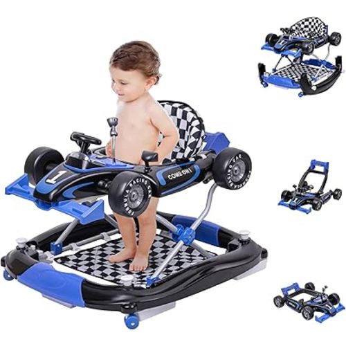 Baby Walker with Wheels, Activity Center Anti-Rollover, Comfortable seat, Steering Wheel, Music, Lights, 4 Height Adjustable Foldable Baby Walkers for Boys and Girls from 6-18 Months with Footrest