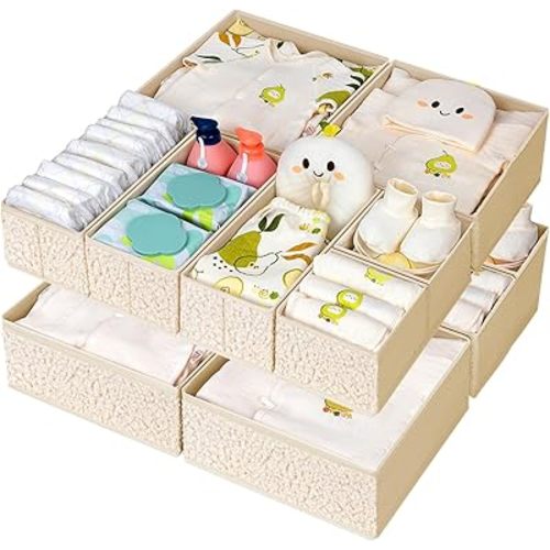 Drawer Organizer Clothes - Cute Dresser Organizer and Baby Drawer Organizer, Foldable Dresser Drawer Divider for Nursery Organization, Underwear, Shirts, 12-Pack, Beige
