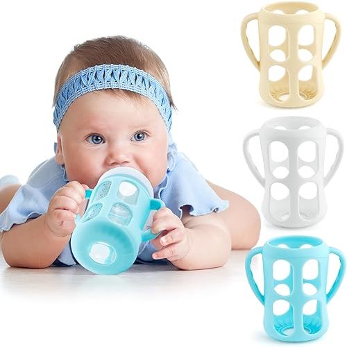 3 Pack Silicone Sleeves Handle for Avent Natural Glass Baby Bottles, Anti Breakage Baby Bottle Holder for Philips Avent Glass Natural Baby Bottle, BPA Free (White,Milk Yellow,Light Blue, 8Oz/240ml)