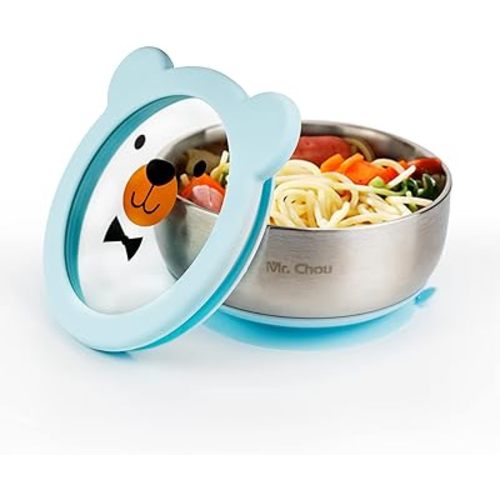 MR. CHOU Suction Baby Bowl Set with Spoon & Fork, Double-Wall 18/8 Stainless Steel Toddler Bowls with BPA Free Airtight Lids, Food Grade Infant Self-Feeding Bowl, First Stage Led Weaning Supplies Blue