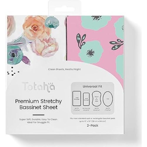 TotAha Premium Stretchy Bassinet Cradle Sheets (2-Pack) -Hypoallergenic, Silky Comfort, Buttery Soft, Calming Effect, All-Season Jersey-Knit Sheets,32 X 16 X 3''(Colorful Flora & Blue Flowers)