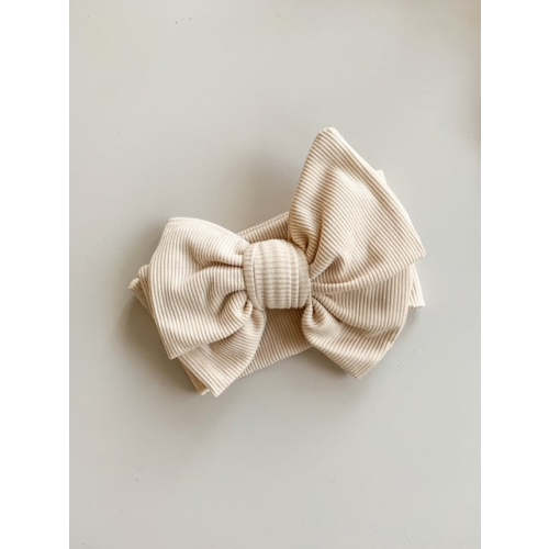 OVERSIZED RIBBED COTTON TOPKNOT BOW HEADBAND - BEIGE