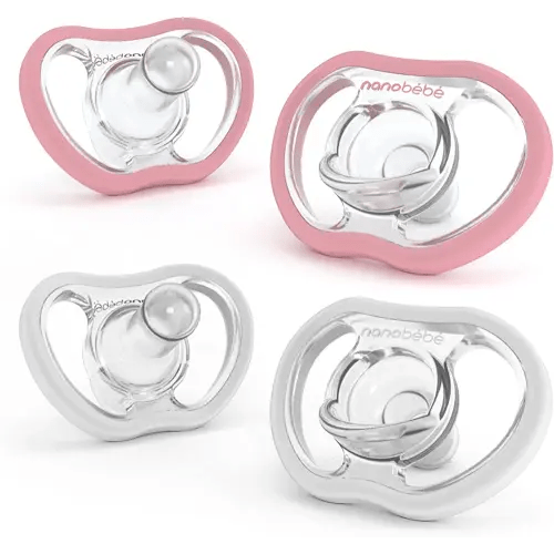 Nanobebe Active Baby Pacifiers 4-36 Months - Orthodontic, Lightweight and Vented, Curves Comfortably with Face Contour, 100% Silicone - BPA Free, Perfect Baby Registry Gift 4pk, White/Pink