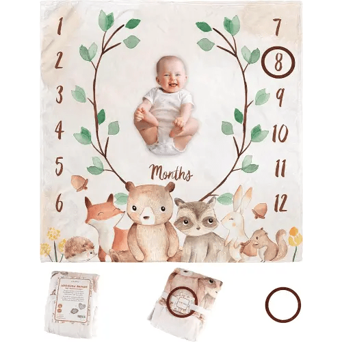 Monthly Baby Milestone Blanket,47"x47" Premium Fleece Baby Monthly Milestone Blanket for Baby Boy or Baby Girl with Felt Marker, Baby Month Milestone Blanket (Woodland Animals)