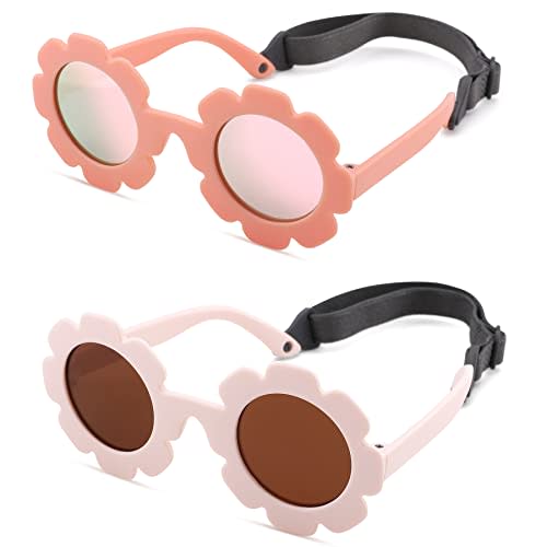 Bouryo Flexible Baby Polarized Flower Sunglasses with Strap Bendable Frame for Infant Boys Girls Ages 0-24 Months