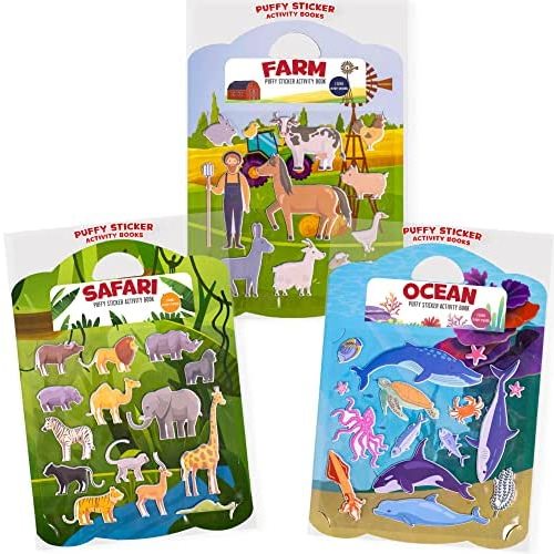 Hapinest (3 Pack) Reusable Puffy Sticker Animal Activity Books for Toddlers, Safari, Farm, and Ocean Theme | Airplane Travel and Car Ride Activities for Kids