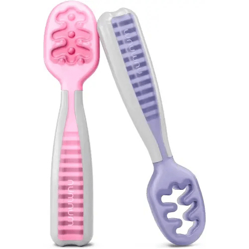 NumNum Pre-Spoon GOOtensils | Baby Spoon Set (Stage 1 + Stage 2) | BPA Free Silicone Self Feeding Toddler Utensils | for Kids Ages 6 Months+, 1-Pack, Two Spoons, Frosty Lilac/Rosebud
