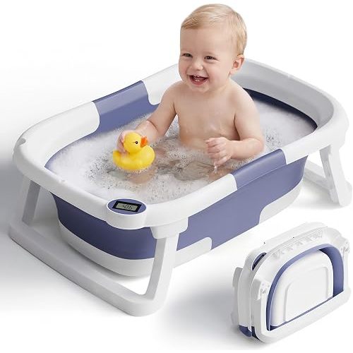iBabyMax Collapsible Baby Bathtub with Thermometer, 0-36 Months, Blue
