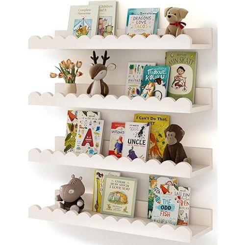Nursery Book Shelves, 4-Pack White Floating Shelves for Wall Kids, Scalloped Shelves, Wall Book Shelves for Bedroom Kids, Toddler Room, Baby Room, Nursery Decor