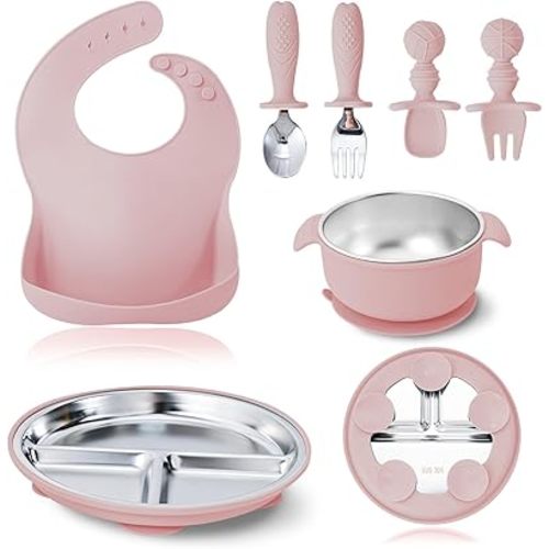 7 Pieces 304 Stainless Steel Baby & Toddler Feeding Set - Suction Divided Plates, Bowls, Silicone & Stainless Spoon Fork,Pocket Bib Unbreakable, Dishwasher Safe Kids Dinnerware Essentials (Pink)