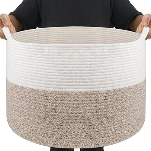 Throw Blanket Basket for Living Room, Extra Large Cotton Rope Basket for Storage, Woven Laundry Basket with Handles, Baby Toy Storage Basket, Towel Basket, 22" x 22" x 14" Pillow Basket
