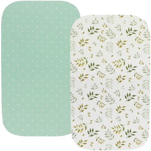 Waterproof Bassinet Sheets Compatible with Mika Micky & MiClassic & Milliard Bassinet 2 Pack Stretch Jersey Knit Super Soft 19x32 Green Botanical Leaf & Dots