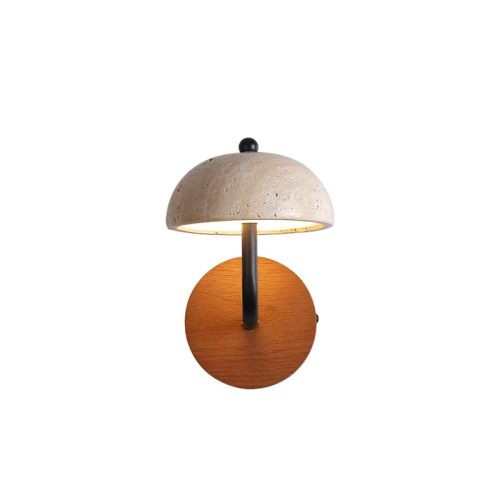 Fit4Less Wall Lamp with Walnut Base, Natural Stone Yellow Travertine housing and LED 12W Super Bright Light.(Mushroom Type)