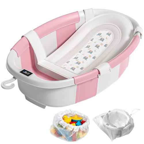 Collapsible Baby Bathtub, Baby Tubs for Newborns with Soft Cushion & Thermometer & Toy Organizer Mesh Bag, Infant Bathtub to Toddler 0-36 Months, Portable Travel Newborn Baby Bathtubs (Pink)